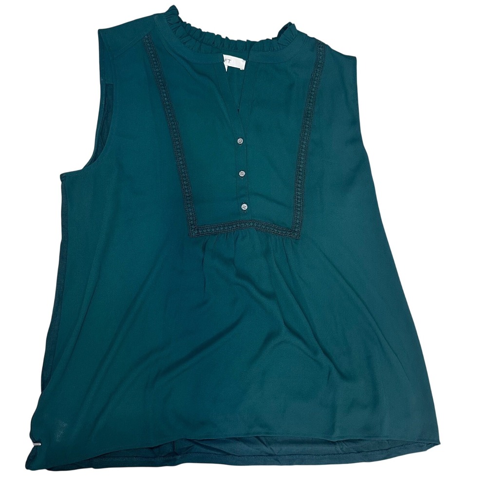 Loft womens blouse green short sleeve workwear top boho relaxed lightweight L‎